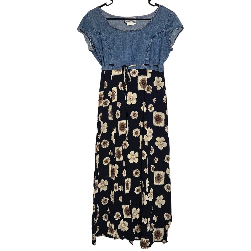 Vintage 90s Concepts & Design Juniors Denim Floral Babydoll Midi Dress 5 Grunge